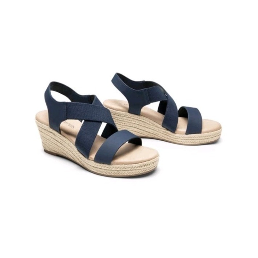 Women Elastic Ankle Strap Espadrilles Wedge Sandals Open Toe Casual Sz 7 Navy